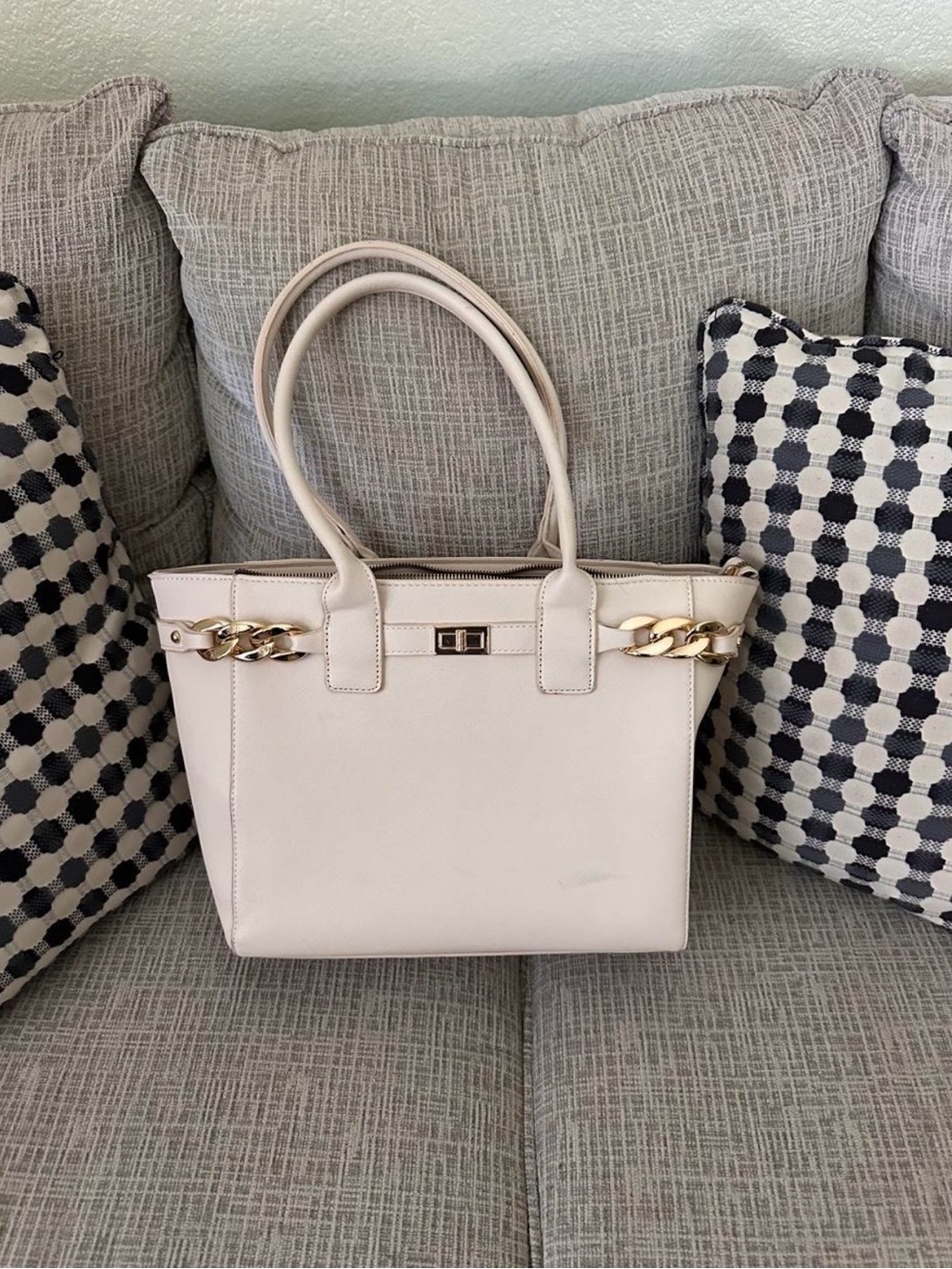 Classic Women's Tote Handbag in Light Beige with Gold Chain Detail